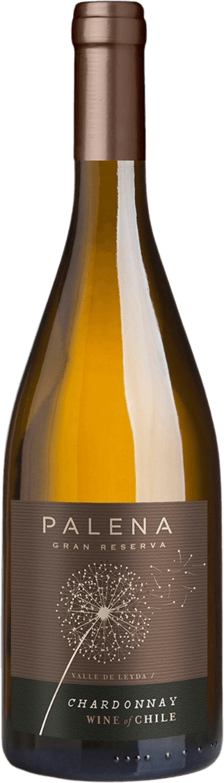 Palena - Leyda Valley Chardonnay Gran Reserva Het label toont een grote paardenbloem in zaadvorm, met de zaden die wegwaaien. De naam 'PALENA' staat bovenaan in grote letters. Onder de paardenbloem staat 'VALLE DE LEYDA' en daaronder 'CHARDONNAY WINE of CHILE'. Het geheel heeft een minimalistische uitstraling.