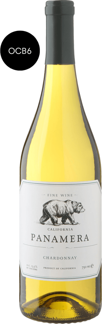 Panamera - California Chardonnay Het label toont een zwart-witte tekening van een beer in het midden, met daaronder de naam 'Panamera' in grote, duidelijke letters. Het label heeft een klassieke, minimalistische uitstraling en bevat verder eenvoudige tekstuele informatie over de wijn. Er zijn geen opvallende kleuren of kunstzinnige elementen, het geheel oogt traditioneel en rustig.
