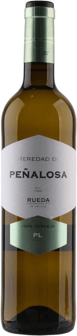 Bodegas Pascual - Heredad de Peñalosa 100% Verdejo Valladolid Het label van de wijnfles heeft een minimalistisch ontwerp met grote, duidelijke letters. De naam 'PEÑALOSA' staat prominent in het midden. Bovenaan staat 'HEREDAD DE', en onder de naam is er tekst die aangeeft dat het om een Rueda DO wijn gaat. Er is ook een kleine zeshoekige vorm onderaan met de tekst '100% VERDEJO PL'. Het geheel straalt eenvoud en elegantie uit.