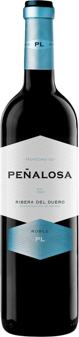 Bodegas Pascual - Ribera del Duero DO Heredad de Peñalosa Roble Het label heeft een minimalistisch ontwerp met een blauw zeshoekig element in het midden en grote zwarte letters die de naam 'Peñalosa' tonen. Er zijn ook kleinere teksten zoals 'Heredad de', 'Est 1986', en 'Ribera del Duero'. Het geheel is strak en modern vormgegeven.
