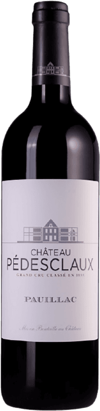 Château Pedesclaux - Pauillac AC 5GCC 2019 Het label toont een minimalistisch ontwerp met een afbeelding van een kasteel in grijstinten. De naam 'CHÂTEAU PÉDESCLAUX' staat prominent in het midden, met daaronder de aanduiding 'GRAND CRU CLASSÉ EN 1855'. Onderaan staat 'PAUILLAC'. Het geheel is strak en elegant vormgegeven.