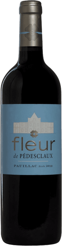 Château Pedesclaux - Fleur de Pedesclaux (2e wijn) CB Het label heeft een lichtblauwe achtergrond met in het midden een afbeelding van een kasteel. Daaronder staat de naam 'fleur de PÉDESCLAUX' in grote letters, waarbij 'fleur' groter is dan de rest. De tekst 'PAUILLAC Récolte 2010' staat onderaan het label.
