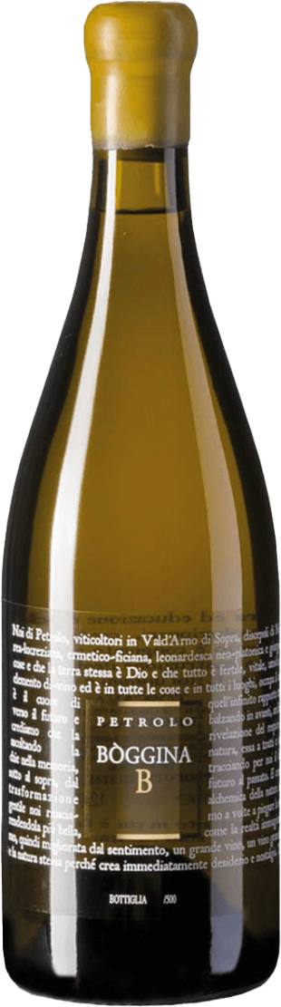 Petrolo - Toscana IGT Bòggina Bianco BIO 2021 Het label van de wijnfles is donker met witte tekst en bevat het woord 'PETROLO' prominent in het midden. Er zijn geen afbeeldingen of illustraties, slechts tekst die een elegante uitstraling geeft.