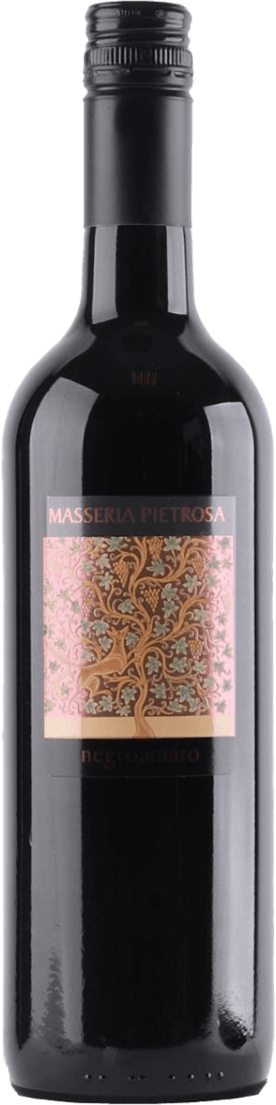 Masseria Pietrosa - Puglia IGT Negroamaro 2023 Het label toont een artistieke afbeelding van een boom met sierlijke, kronkelige takken en bladeren. De achtergrond heeft een patroon dat lijkt op mozaïek of decoratieve kunst.