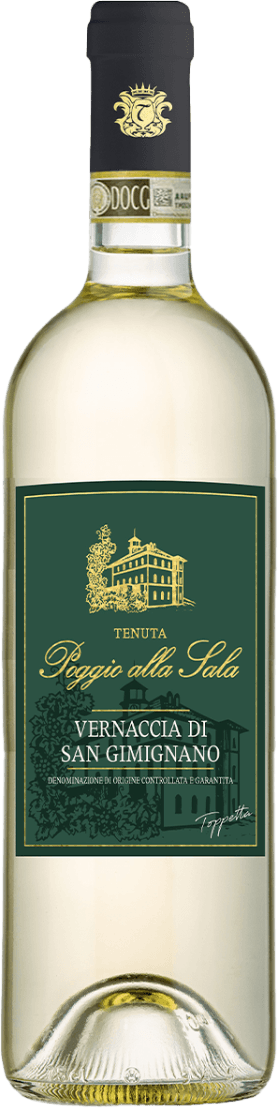 Poggio alla Sala - Vernaccia di San Gimignano DOCG Het label toont een afbeelding van een wijnhuis of kasteel in goudkleur op een donkergroene achtergrond. Er zijn ook gouden lijnen en tekst aanwezig.