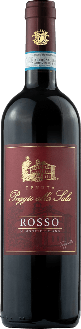 Poggio alla Sala - Rosso di Montepulciano DOC Het label toont een afbeelding van een kasteel of wijnhuis in goud op een donkerrode achtergrond. Er is ook sierlijke tekst in goud en wit aanwezig.