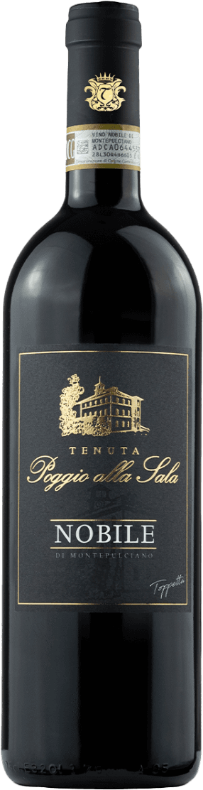 Vino Nobile di Montepulciano DOCG Het label toont een tekening van een kasteel, met de naam 'Poggio alla Sala' en 'Nobile di Montepulciano' in elegante letters. Het ontwerp is klassiek en verfijnd.