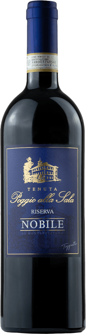 Poggio alla Sala - Vino Nobile di Montepulciano Riserva Het label toont een afbeelding van een kasteel in goud tegen een blauwe achtergrond. Onder de afbeelding staan de naam en details van de wijn in elegante, sierlijke letters.