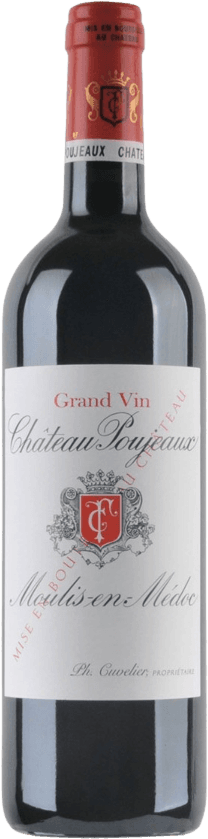 Château Poujeaux - Moulis en Médoc AC 2017 Het label van de wijnfles toont een traditioneel ontwerp met een familiewapen centraal geplaatst. Boven het wapen staat 'Grand Vin' en daaronder 'Château Poujeaux'. Het familiewapen is gedetailleerd met krullen en een schild in het midden. Er is gebruikgemaakt van sierlijke letters voor de tekst.