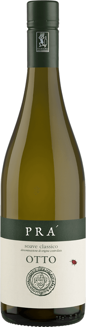 Azienda Vinicola Prà - Soave Classico DOC Otto BIO Het label is minimalistisch met een donker groene bovenkant en een witte onderkant. In het midden staat de naam 'PRÀ' met daaronder 'Soave Classico' en 'OTTO'. Er is een klein rood lieveheersbeestje te zien en een zegel onderaan.