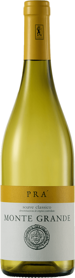 Soave Classico DOC Monte Grande BIO 2021 Het label van de wijnfles is eenvoudig en minimalistisch. Het bovenste deel van het label is goudkleurig met daarop de naam 'PRÀ'. Daaronder staat in kleinere letters 'soave classico' en nog kleiner 'denominazione di origine controllata'. Het onderste deel heeft een grotere tekst 'MONTE GRANDE' met daaronder een cirkelvormig embleem of zegel.