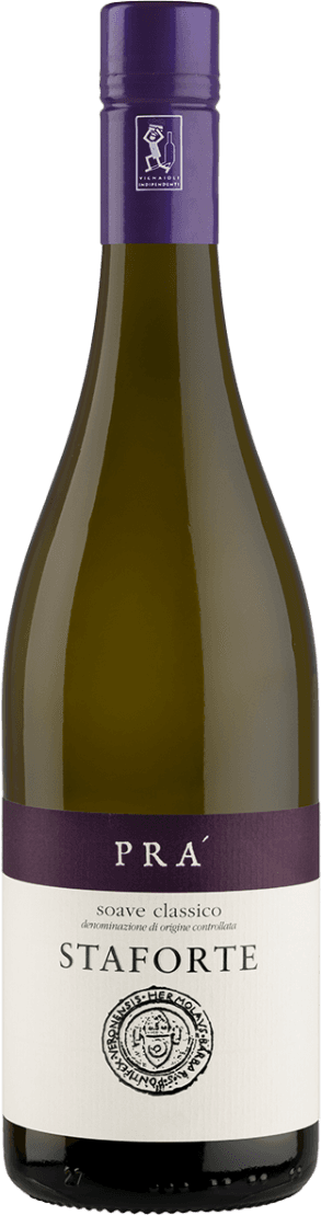 Soave Classico DOC Staforte BIO 2022 Het label is minimalistisch en modern vormgegeven. Bovenaan staat een brede, paarse band met daarop de naam 'PRÁ' in witte letters. Het grootste deel van het label is wit, met centraal de tekst 'soave classico' en 'STAFORTE' in grote, duidelijke letters. Onderaan staat een rond zegelachtig embleem dat lijkt op een traditioneel stempel of familiewapen.
