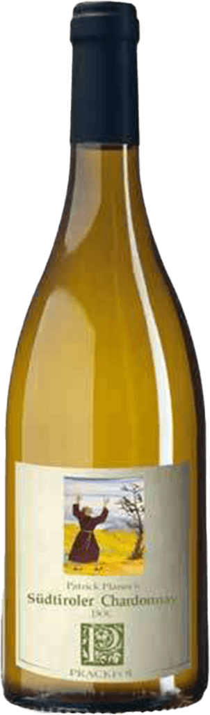 Südtiroler DOC Chardonnay 2021 Het label toont een afbeelding van een persoon in een veld met gele bloemen en bomen. De stijl is artistiek, met gedetailleerde illustraties. Onderaan het label staat tekst met de naam van de wijn en het jaartal.