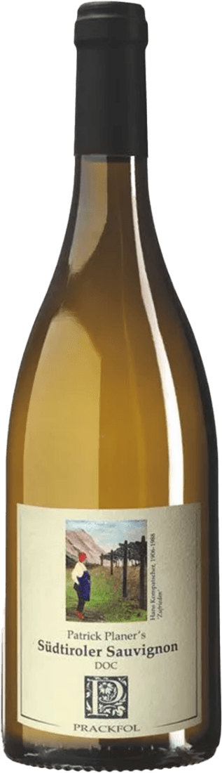 Südtiroler DOC Sauvignon Het label toont een afbeelding van een persoon in een landschap met wijngaarden. Er is tekst op het label met de naam van de wijn en producent. Onderaan staat een logo met een decoratief patroon.