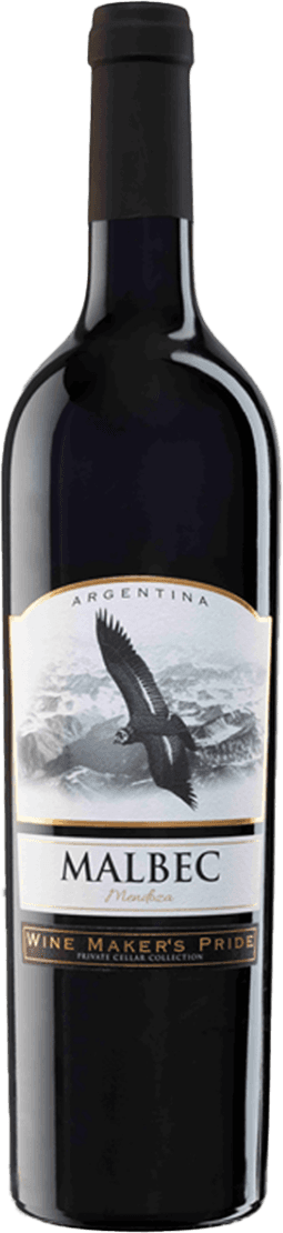Wine Makers Pride - Malbec Extrem Mendoza 2022 Het label toont een afbeelding van een adelaar die boven bergen zweeft. De achtergrond is gedetailleerd met bergtoppen en wolken, wat een gevoel van vrijheid en natuur uitstraalt.