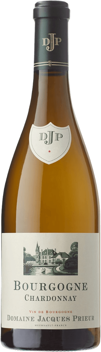 Bourgogne AC Chardonnay BIO Het label toont een afbeelding van een kasteel of wijnhuis, met daarboven de tekst 'Bourgogne Chardonnay'. Het heeft een traditioneel ontwerp met een familiewapen en de naam 'Domaine Jacques Prieur'.
