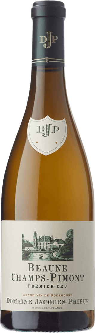 Domaine Jacques Prieur - Champs-Pimont 1er Cru BIO 2023 Het label toont een afbeelding van een kasteel of landhuis met bomen eromheen. Er zijn ook teksten die de naam van de wijn en de producent aangeven.