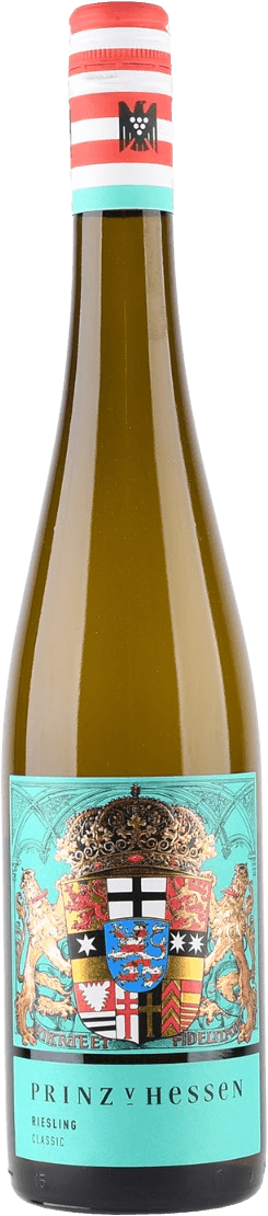 Weingut Prinz von Hessen - Rheingau Classic The label features a large, intricate coat of arms in the center. It includes various heraldic elements such as shields, crowns, and lions. The background has ornate patterns and textures that give it a regal appearance.