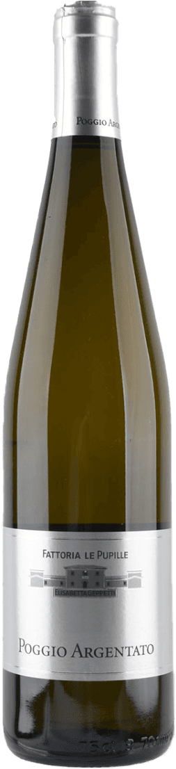 Toscana IGT Poggio Argentato 2023 Het label van de wijnfles is vrij minimalistisch en elegant. Het bevat een afbeelding van een gebouw, mogelijk een kasteel of wijnhuis, in het midden. Boven de afbeelding staat de tekst 'Fattoria Le Pupille' en onderaan 'Poggio Argentato'. De achtergrond is zilverachtig met zwarte teksten.