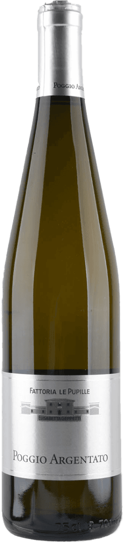 Fattoria Le Pupille - Toscana IGT Poggio Argentato Het label toont een minimalistisch ontwerp met een afbeelding van een gebouw in het midden. Bovenaan staat de naam van de producent en onderaan de naam van de wijn.