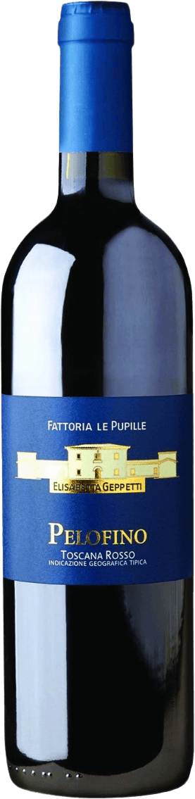 Toscana IGT Pelofino 2022 Het label toont een afbeelding van een gebouw of kasteel in het midden, met de naam 'Elisabetta Geppetti' eronder. De achtergrond is donkerblauw en de tekst is voornamelijk goudkleurig. Bovenaan staat 'Fattoria Le Pupille'.