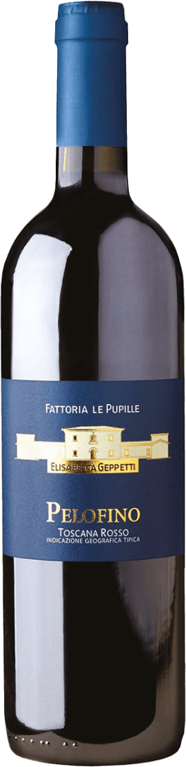 Fattoria Le Pupille - Pelofino, Toscana IGT Het label toont een afbeelding van een gebouw of wijnhuis in goudkleurige tinten op een donkerblauwe achtergrond. De naam 'Pelofino' en andere tekst zijn in goudkleurige letters weergegeven.