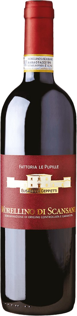 Fattoria Le Pupille - Morellino Di Scansano DOCG Het label toont een afbeelding van een gebouw of wijnhuis in het midden. Bovenaan staat de naam 'Fattoria Le Pupille', en onderaan 'Morellino Di Scansano'.