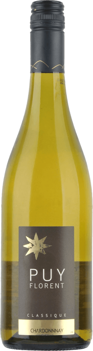 Pays d'Oc IGP Chardonnay Het label is rechthoekig en donker van kleur, met een gouden bloem- of stervormig element linksboven. De naam 'PUY FLORENT' staat groot en centraal in witte letters, met daaronder 'CLASSIQUE' in kleinere letters en onderaan een lichtere strook met 'CHARDONNAY'. Het ontwerp is strak en modern, zonder veel decoratie, en straalt een minimalistische stijl uit.