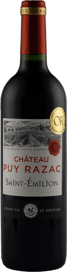 Chateau Puy-Razac - Chateau Puy-Razac, Saint Émilion AC Het label toont een gedetailleerde tekening van een wijngaard met een gebouw op de achtergrond. De naam 'Château Puy Razac' staat prominent in rode letters, en daaronder 'Saint-Émilion' in zwarte letters. Er is ook een gouden medaille sticker linksboven die waarschijnlijk prijzen of onderscheidingen aangeeft.