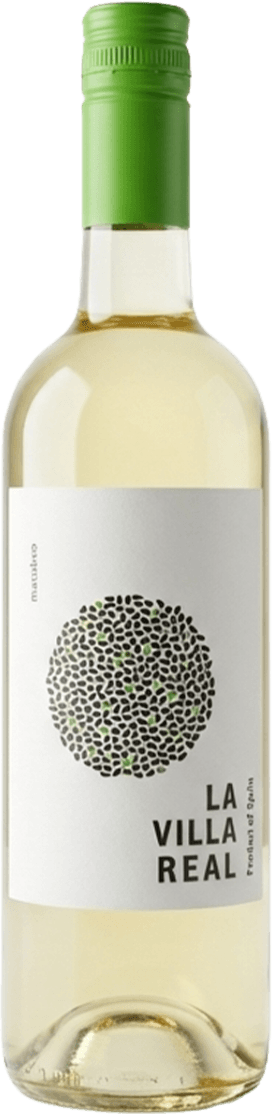 Bodega La Remediadora - La Villa Real Macabeo Het label toont een abstract patroon van kleine, donkere stippen in een cirkelvorm. De naam 'La Villa Real' staat ernaast in grote, duidelijke letters.