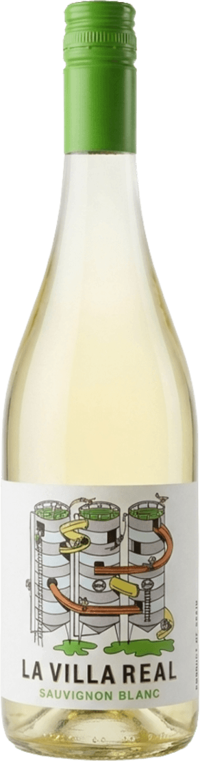 Bodega La Remediadora - La Villa Real Sauvignon Blanc Het label toont een illustratie van drie grote metalen tanks met kleurrijke buizen en ladders. Het heeft een speelse, moderne uitstraling.