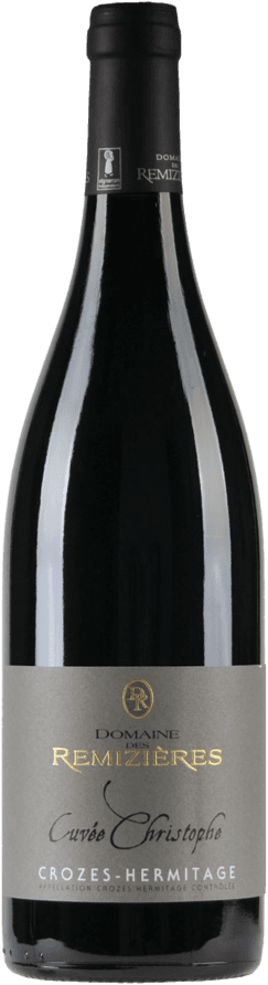 Crozes Hermitage AC Cuvée Christophe 2022 Het label van de wijnfles is elegant en minimalistisch. Het heeft een grijze achtergrond met gouden en witte tekst. Bovenaan staat het logo van Domaine des Remizières, gevolgd door de naam 'Remizières' in goudkleurige letters. Daaronder staat 'Cuvée Christophe' in sierlijke witte letters, en onderaan ‘Crozes-Hermitage’ in strakke witte letters.