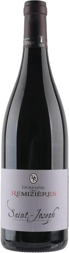 Domaine de Remizières - Saint Joseph AC Het label is vrij minimalistisch en traditioneel, met de naam 'Domaine des Remizières' prominent in het midden. Daaronder staat 'Saint-Joseph' in een sierlijk lettertype. Er is ook een klein familie-embleem bovenaan het label.