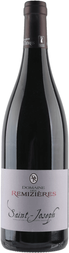Domaine de Remizières - Saint Joseph AC 2022 Het label van de wijnfles is vrij minimalistisch en traditioneel. Het bevat de tekst 'Domaine des Remizières' in een klassieke lettertype, met daaronder 'Saint-Joseph'. Er is ook een klein embleem bovenaan het label.