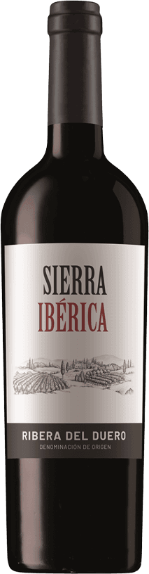 Teófilo Reyes - Sierra Ibérica Ribera del Duero DO 2022 Het label toont een gedetailleerde tekening van een landschap met wijngaarden en heuvels. De naam 'Sierra Ibérica' staat prominent in grote letters bovenaan, gevolgd door 'Ribera del Duero' onderaan. De stijl is minimalistisch en elegant.