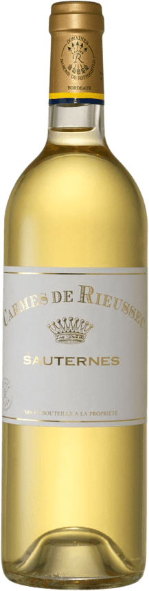 Château Rieussec - Sauternes AC Carmes de Rieussec Het label is wit met gouden accenten. Bovenaan staat 'CARMES DE RIEUSSEC' in goudkleurige letters. Daaronder is een kroon afgebeeld, ook in goud, gevolgd door het woord 'SAUTERNES'. Het geheel heeft een klassieke en elegante uitstraling.