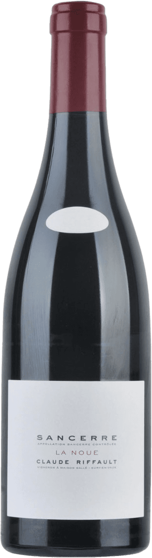 Claude Riffault - Sancerre AC La Noue BIO Het label is minimalistisch en wit met zwarte en rode tekst. Er staat geen afbeelding op, alleen tekst die de naam van de wijn en de producent vermeldt.