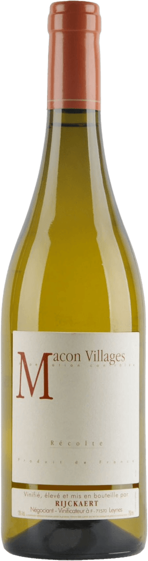 Jean Rijckaert - Mâcon Villages AC Het label is minimalistisch met de tekst 'Mâcon Villages' en een grote 'M' in het rood. Onderaan staat 'Rijckaert' in het rood en er is verder weinig decoratie.