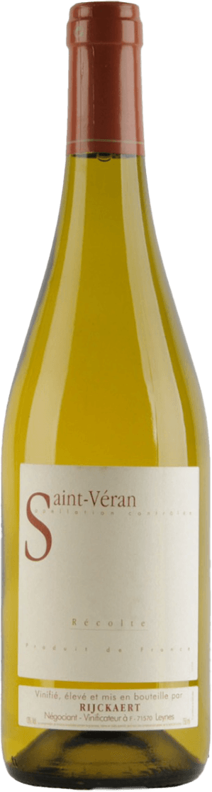 Jean Rijckaert - Saint Véran AC Vieilles Vignes Het label is eenvoudig en minimalistisch, met de tekst 'Saint-Véran' in een grote letter aan de linkerkant. De rest van het label bevat kleinere tekst zonder afbeeldingen of versieringen.