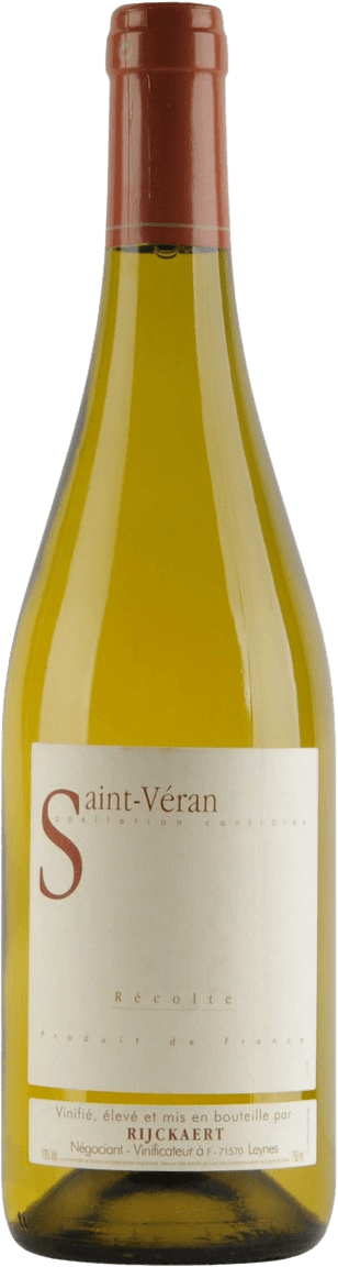 Jean Rijckaert - Saint-Véran AC Vieilles Vignes 2023 Het label is minimalistisch en traditioneel vormgegeven. Het heeft een grote 'S' van Saint-Véran linksboven, met daaronder de naam van de wijn in eenvoudige, elegante letters. De rest van het label bevat sobere tekst in verschillende groottes zonder afbeeldingen of illustraties. Onderaan staat extra informatie over de producent en herkomst, eveneens in een ingetogen stijl.