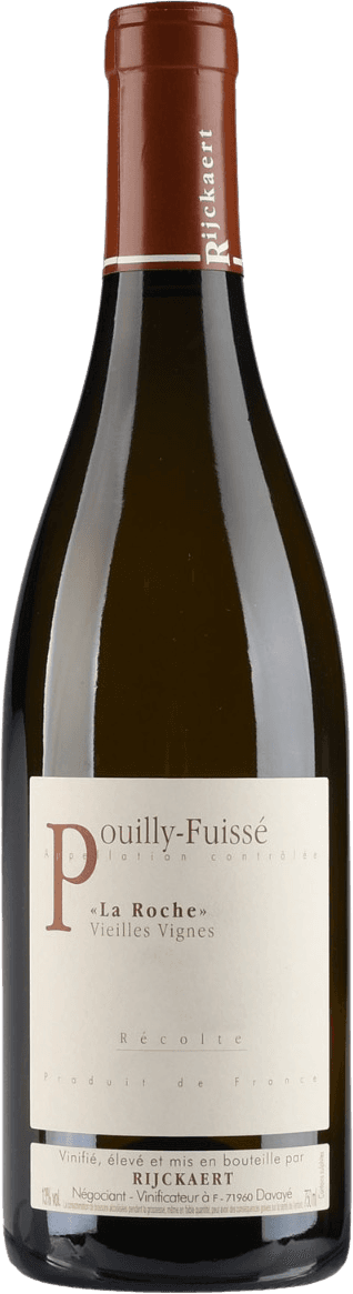 Jean Rijckaert - Pouilly-Fuissé AC La Roche Vieilles Vignes 1ER Het label is minimalistisch en elegant, met grote letters voor de naam 'Pouilly-Fuissé'. De tekst is centraal gepositioneerd op een lichte achtergrond. Er zijn geen afbeeldingen of illustraties op het label, enkel tekstuele elementen.