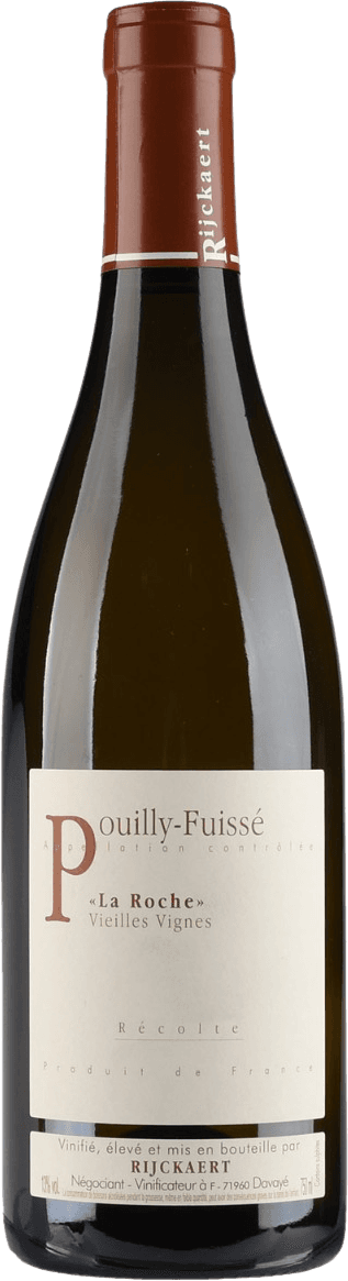 RIJCK - Pouilly-Fuissé AC Sur La Roche Vieilles Vignes 1ER Het label is minimalistisch en traditioneel met de tekst 'Pouilly-Fuissé' prominent aanwezig. Er is ook een vermelding van 'La Roche' en 'Vieilles Vignes'. Het geheel heeft een klassieke uitstraling zonder afbeeldingen.
