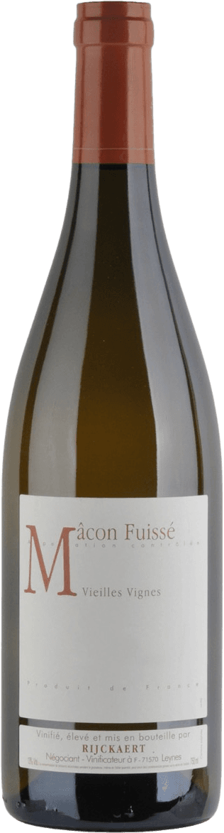 Jean Rijckaert - Mâcon Fuissé AC Vieilles Vignes Het label is minimalistisch en bevat voornamelijk tekst. Er staat een grote letter 'M' prominent op het label, met daaronder de tekst 'Mâcon Fuissé Vieilles Vignes'. Onderaan het label staat in kleinere letters informatie over de wijnmakerij, namelijk 'Rijckaert'.