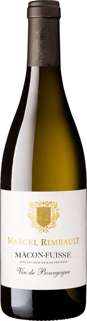 Domaine Marcel Rimbault - Mâcon-Fuissé AC 2023 Het label is klassiek en traditioneel vormgegeven. Centraal staat een goudkleurig familiewapen of schild met sierlijke omlijsting. Daaronder staan de naam van de wijnmaker en de wijn in grote, duidelijke letters. Het ontwerp is verder minimalistisch, met een witte achtergrond en goud/zwarte accenten.