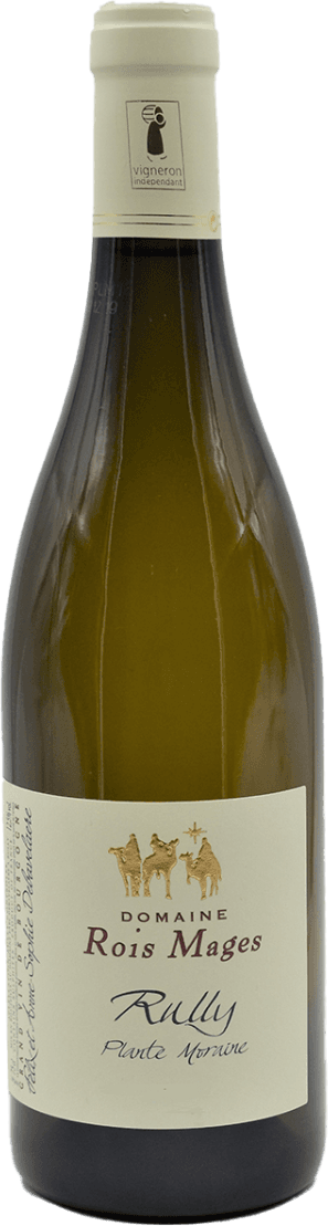 Domaine Rois Mages - Rully AC Plante Moraine 2021 Het label toont drie figuren die mogelijk wijzen op de drie koningen, weergegeven in een traditionele stijl. De tekst 'Domaine Rois Mages' staat prominent bovenaan, gevolgd door 'Rully Plante Moraine'.