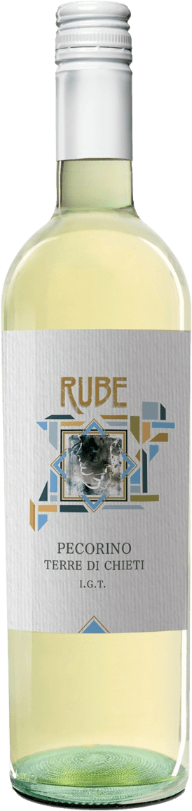 Rube - Terre di Chieti IGT Pecorino Het label heeft een geometrisch ontwerp met abstracte patronen. In het midden is een vierkant met een wazige afbeelding die lijkt op een landschap of abstract kunstwerk. De merknaam 'RUBE' staat bovenaan in grote, goudkleurige letters.