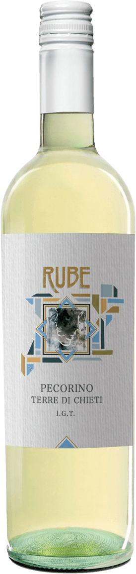 Het label toont een moderne, geometrische compositie met zachte kleuren zoals goud, blauw en groen. Centraal staat een abstract kunstwerk binnen een kader van lijnen en vormen. De merknaam 'RUBE' is prominent in goudkleurige letters bovenaan geplaatst. Het geheel oogt fris en eigentijds.
