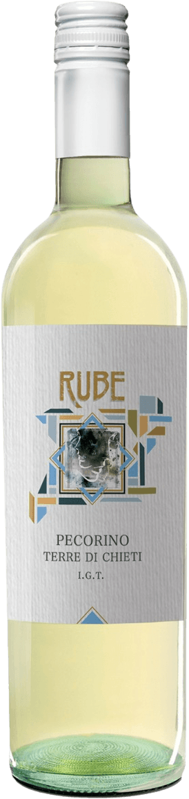 RUBE - Terre di Chieti IGT Pecorino Het label toont geometrische patronen met een kunstzinnig ontwerp in het midden. De naam 'RUBE' staat prominent bovenaan, gevolgd door 'PECORINO TERRE DI CHIETI I.G.T.'