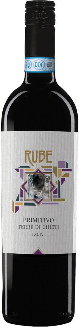 Rube - Terre di Chieti IGT Primitivo Het label heeft een geometrisch en abstract ontwerp met een mix van kleuren zoals paars, groen, en goud. In het midden is er een kunstzinnige afbeelding die lijkt op een schilderij of tekening. Bovenaan staat de naam 'Rube' in grote letters.