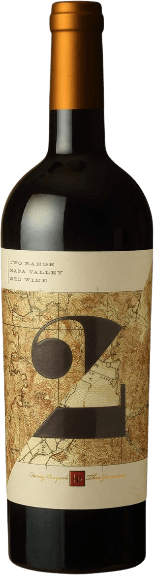 Rutherford Wine Company - Napa Valley Two Range Red 2015 Het label toont een grote, gestileerde letter 'Z' die prominent in het midden staat. Op de achtergrond is een gedetailleerde kaart met topografische elementen afgebeeld, wat het label een klassieke en avontuurlijke uitstraling geeft. Onderaan staat in kleinere letters tekst over de wijn.